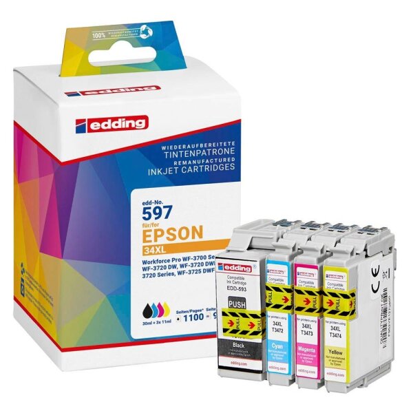 edding EDD-597 schwarz, cyan, magenta, gelb Druckerpatronen kompatibel zu EPSON 34XL / T3476XL, 4er-Set
