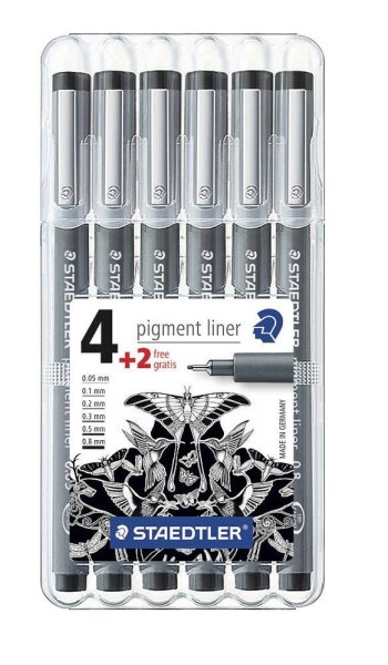 STAEDTLER pigment liner 308 Fineliner schwarz 0,05 + 0,1 + 0,3 + 0,5 + 0,8 mm, 6 St.