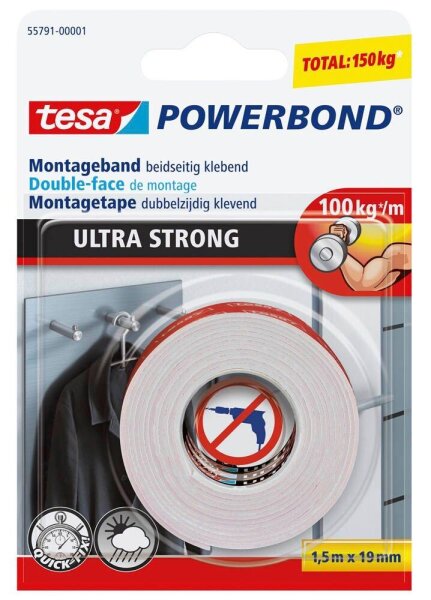 tesa Montageband POWERBOND ULTRA STRONG doppelseitiges Klebeband 19,0 mm x 1,5 m, 1 Rolle