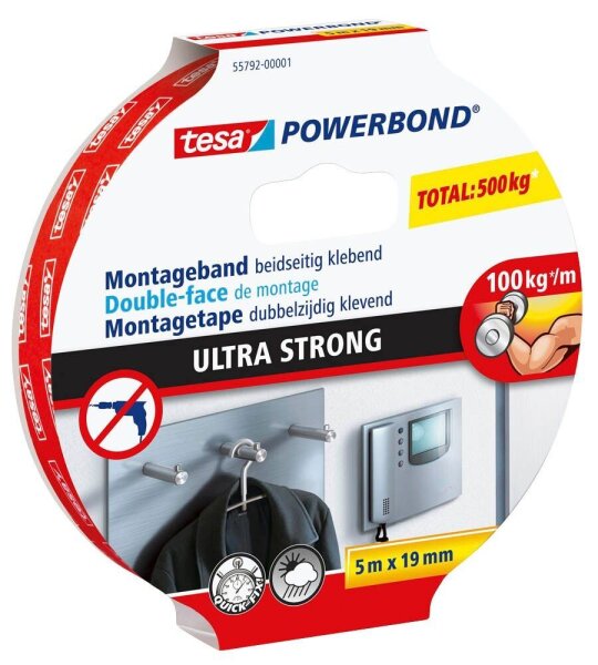 tesa Montageband POWERBOND ULTRA STRONG doppelseitiges Klebeband 19,0 mm x 5,0 m, 1 Rolle