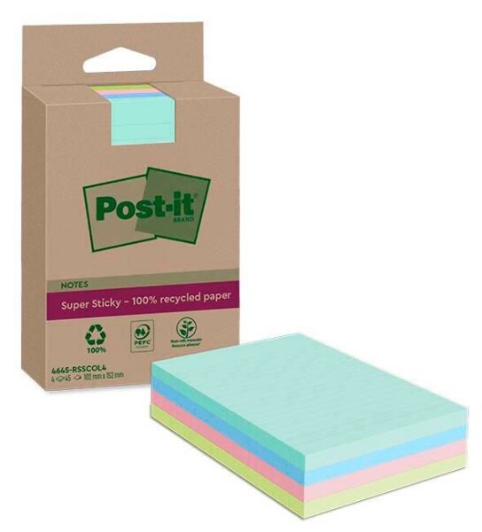 Post-it® Super Sticky Recycling Notes Haftnotizen extrastark farbsortiert, 4 Blöcke