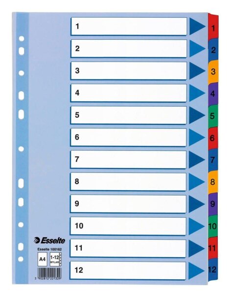 Esselte Ordnerregister DIN A4 Vollformat 1-12 farbig 12-teilig, 1 Satz