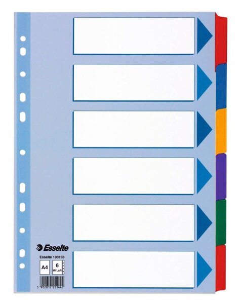 Esselte Ordnerregister DIN A4 Vollformat blanko farbig 6-teilig, 1 Satz