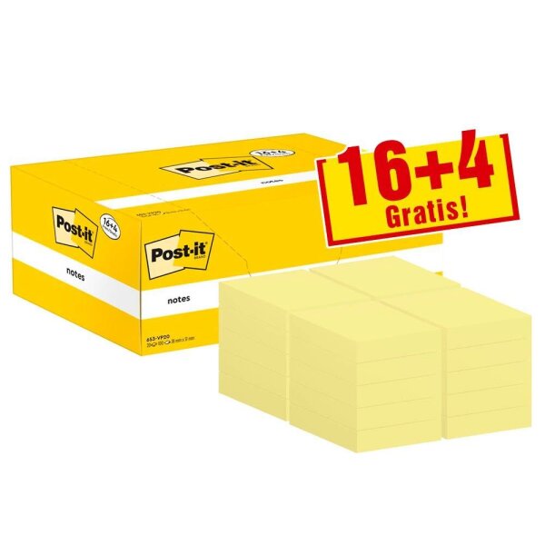 16 + 4 GRATIS: Post-it® Notes Haftnotizen gelb, 16 Blöcke + GRATIS 4 Blöcke