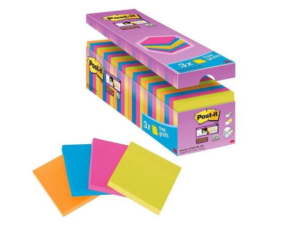 21 + 3 GRATIS: Post-it® Super Sticky Notes Haftnotizen farbsortiert, 21 Blöcke + GRATIS 3 Blöcke