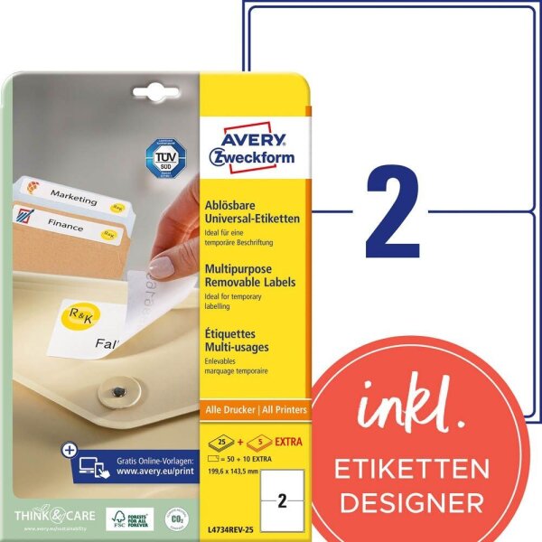 AVERY Zweckform Etiketten L4734REV-25 weiß 199,6 x 143,5 mm, 30 Blatt
