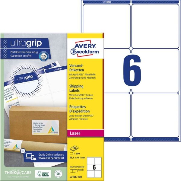 AVERY Zweckform Versandetiketten L7166-100 weiß 99,1 x 93,1 mm, 100 Blatt