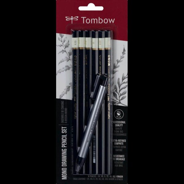 Tombow Mono Bleistift-Set B, HB, 2H, 2B, 4B, 6B schwarz/weiß mit Radierer, 1 Set