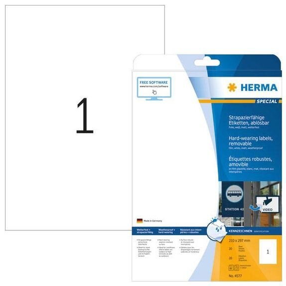 HERMA wetterfeste Folienetiketten 4577 weiß 210,0 x 297,0 mm, 20 Blatt