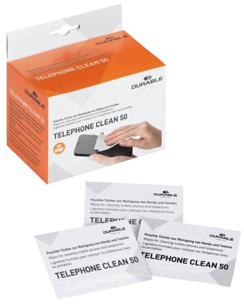 DURABLE Bildschirm-Reinigungstücher TELEPHONE CLEAN 50 weiß, 50 Tücher