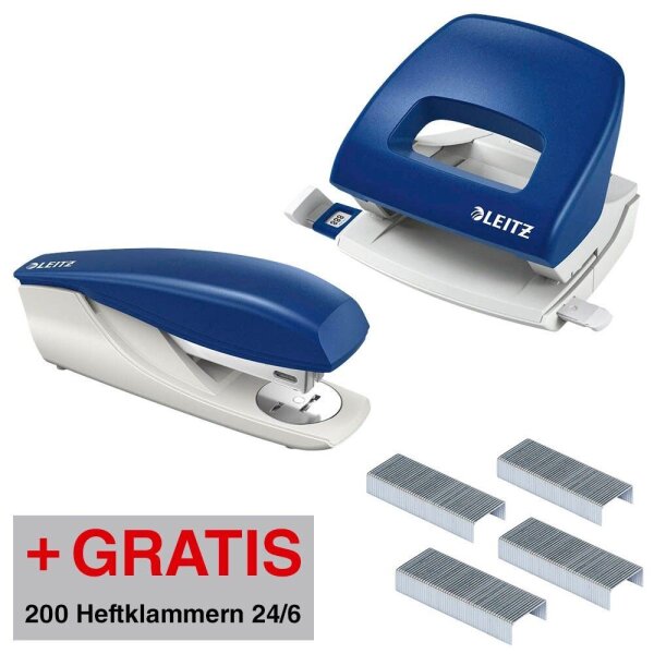 AKTION: LEITZ Locher und Heftgeräte Set NeXXt 5038 und 5500 blau/grau + GRATIS 200 Heftklammern 24/6