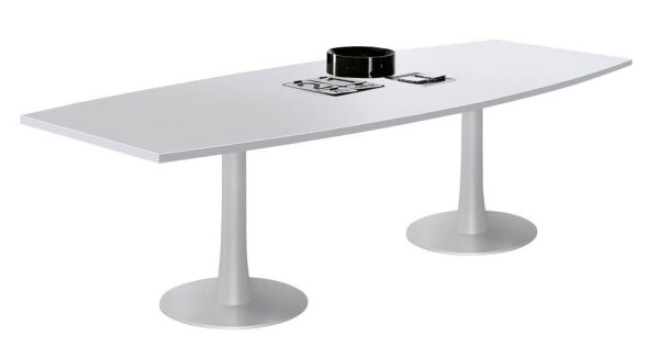 Quadrifoglio Konferenztisch Idea+ lichtgrau Tonnenform, Säulenfuß weiß, 280,0 x 80,0 - 110,0 x 74,0 cm