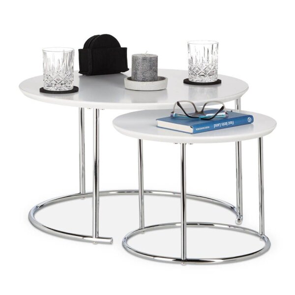 relaxdays Beistelltische-Set rund MDF-Platte weiß, 2 St.