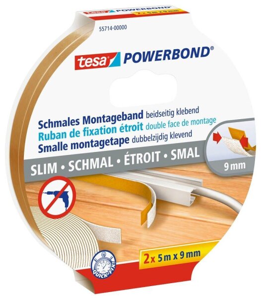 tesa Montageband POWERBOND schmal 55714 doppelseitiges Klebeband 9,0 mm x 5,0 m, 2 Rollen