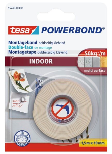 tesa Montageband POWERBOND Indoor 55740 doppelseitiges Klebeband 19,0 mm x 1,5 m, 1 Rolle