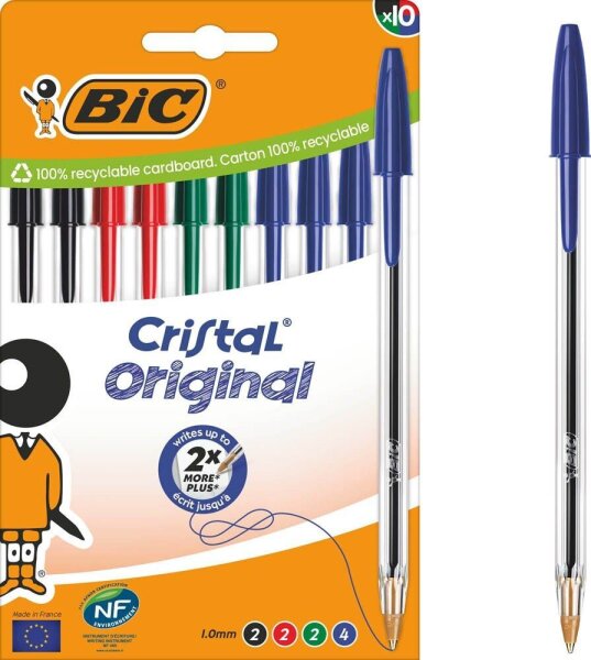 BIC Kugelschreiber Cristal Original transparent, Schreibfarbe: farbsortiert, 10 St.