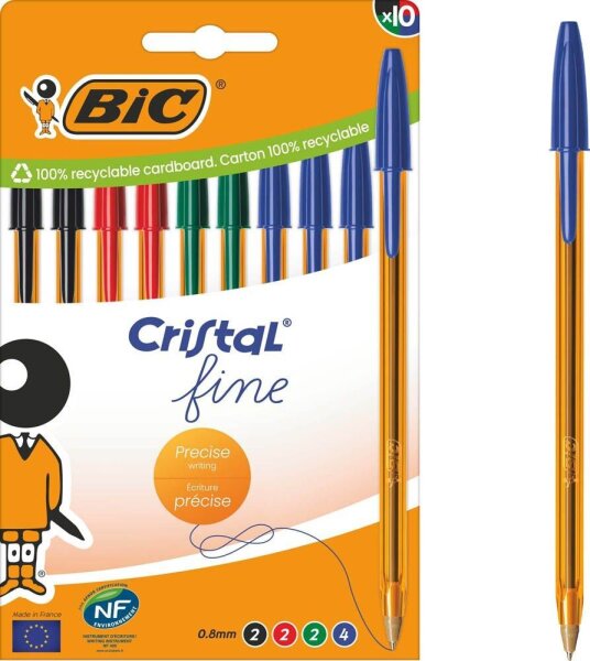 BIC Kugelschreiber Cristal Original Fine transparent, Schreibfarbe: farbsortiert, 10 St.