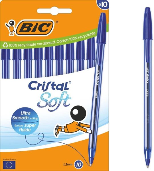 BIC Kugelschreiber Cristal Soft transparent, Schreibfarbe: blau, 10 St.