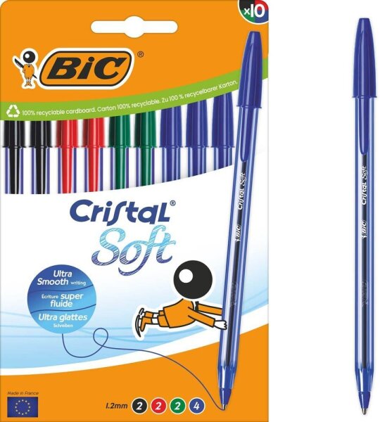 BIC Kugelschreiber Cristal Soft transparent, Schreibfarbe: farbsortiert, 10 St.