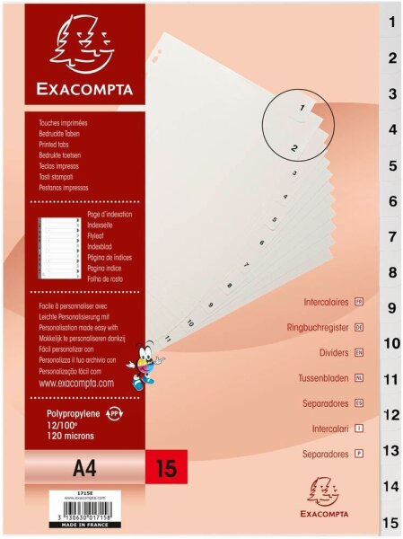 Exacompta Ordnerregister DIN A4 Vollformat 1-15 grau 15-teilig, 1 Satz