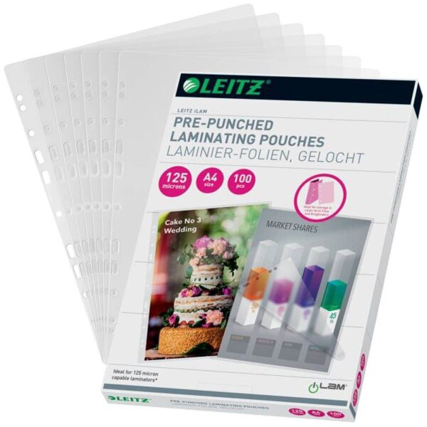 LEITZ Laminierfolien glänzend für A4 125 micron Universal-Lochung, 100 St.