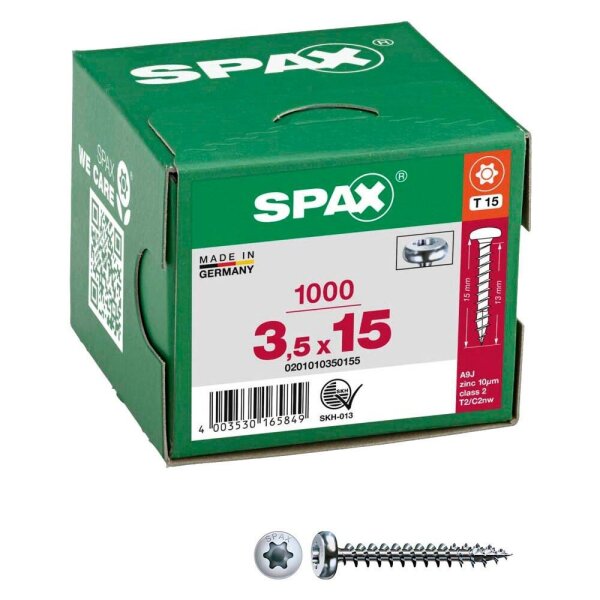 SPAX® Universalschrauben T15 Halbrundkopf WIROX 0201010350155 3,5 mm x 15 mm, 1.000 St.