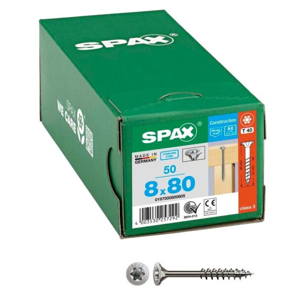 SPAX® Universalschrauben T40 Senkkopf Edelstahl A2 0197000800805 8 mm x 80 mm, 50 St.
