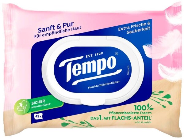 Tempo Feuchtes Toilettenpapier Sanft & Pur 1-lagig, 42 Tücher