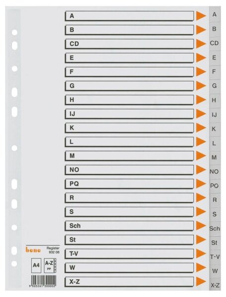 bene Ordnerregister DIN A4 Vollformat A-Z grau 21-teilig, 1 Satz