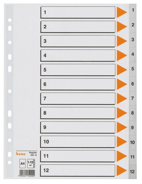 bene Ordnerregister DIN A4 Vollformat 1-12 grau 12-teilig, 1 Satz