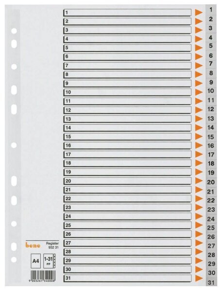 bene Ordnerregister DIN A4 Vollformat 1-31 grau 31-teilig, 1 Satz