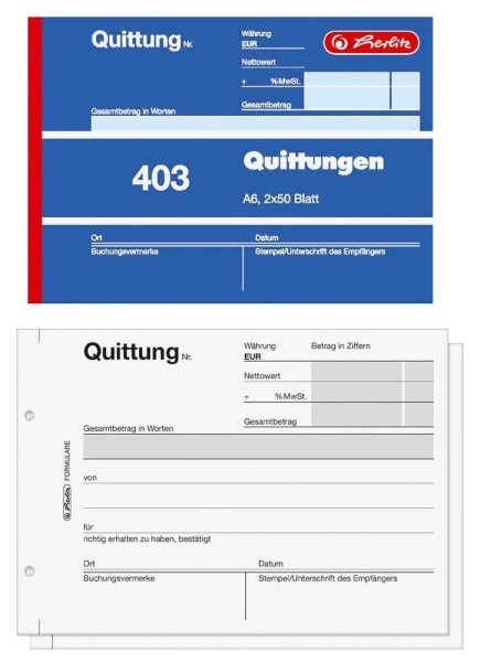 herlitz Quittung mit MwSt. separat ausgewiesen Formularbuch 403, 1 St.