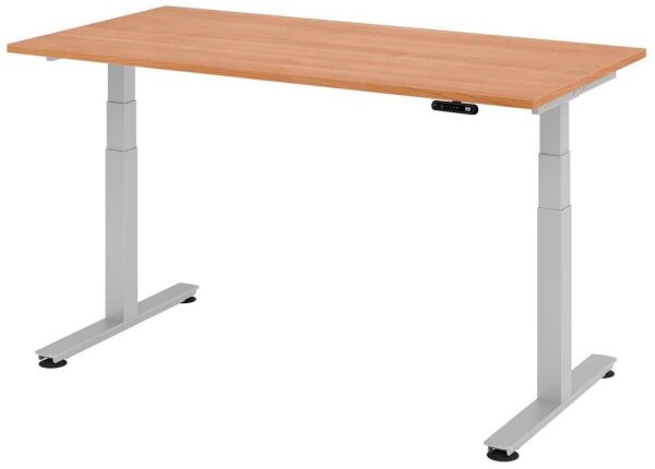 HAMMERBACHER XDSM16 elektrisch höhenverstellbarer Schreibtisch nussbaum rechteckig, T-Fuß-Gestell silber 160,0 x 80,0 cm