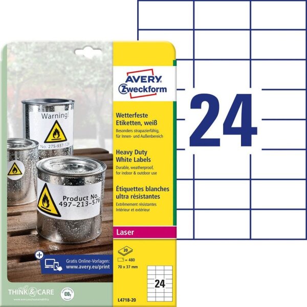 AVERY Zweckform wetterfeste Folienetiketten L4718-20 weiß 70,0 x 37,0 mm, 20 Blatt