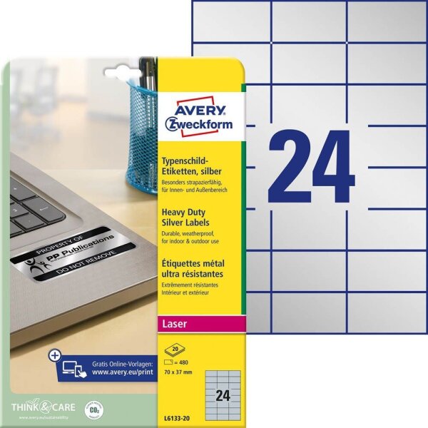 AVERY Zweckform Typenschildetiketten L6133-20 silber 70,0 x 37,0 mm, 20 Blatt