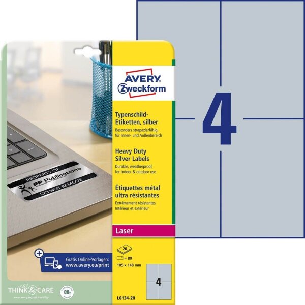 AVERY Zweckform Typenschildetiketten L6134-20 silber 105,0 x 148,0 mm, 20 Blatt