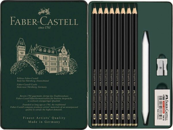FABER-CASTELL Pitt Graphite Matt Graphitstifte HB, 2B, 4B, 6B, 8B, 10B, 12B, 14B schwarz mit Radierer, 1 Set