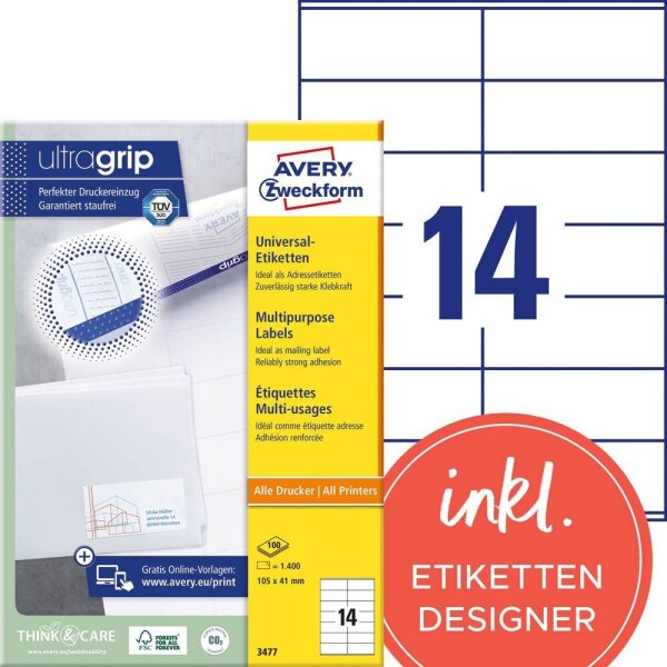 AVERY Zweckform Etiketten 3477 weiß 105,0 x 41,0 mm, 100 Blatt