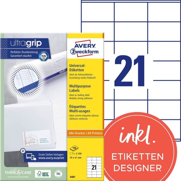 AVERY Zweckform Etiketten 3481 weiß 70,0 x 41,0 mm, 100 Blatt