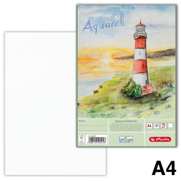 herlitz Aquarellblock DIN A4 150 g/qm, 20 Blatt, 1 Block