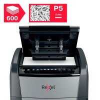 Rexel Optimum AutoFeed+ 600M Aktenvernichter mit Partikelschnitt P-5, 2 x 15 mm, bis 600 Blatt, schwarz