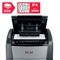 Rexel Optimum AutoFeed+ 600X Aktenvernichter mit Partikelschnitt P-4, 4 x 28 mm, bis 600 Blatt, schwarz