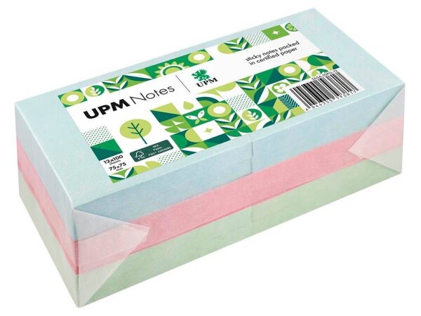 UPM Notes Pastellmix Haftnotizen doppelte Haftung farbsortiert, 12 Blöcke