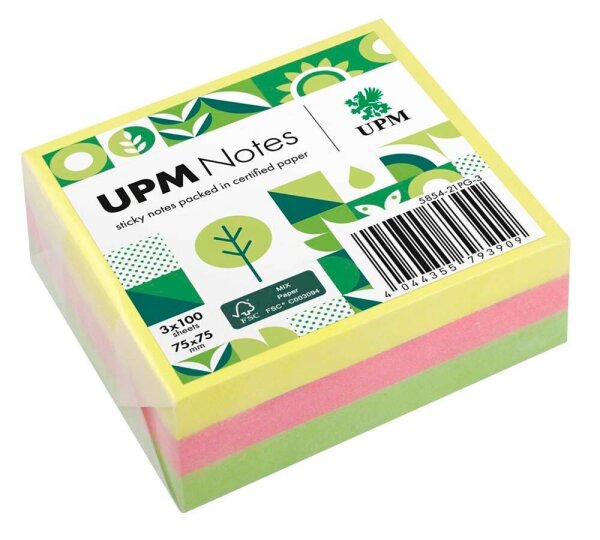 UPM Notes Brilliantmix Haftnotizen doppelte Haftung farbsortiert, 3 Blöcke