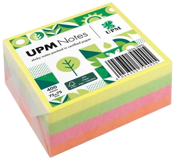 UPM Notes Brilliantmix Haftnotizen doppelte Haftung farbsortiert, 1 Würfel
