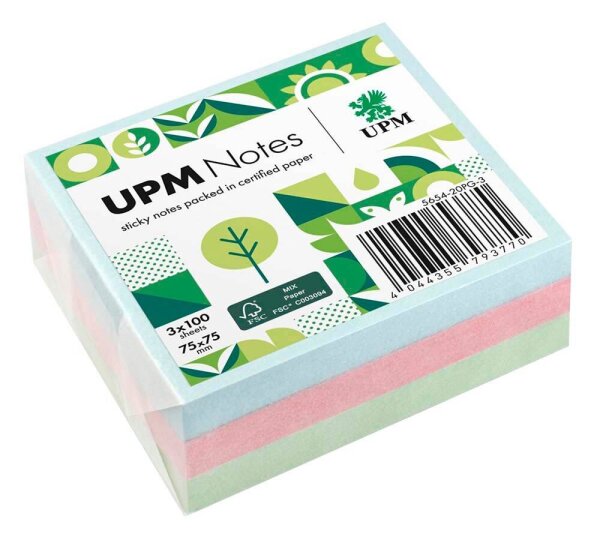 UPM Notes Pastellmix Haftnotizen doppelte Haftung farbsortiert, 3 Blöcke