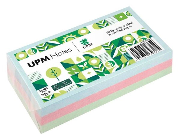UPM Notes Pastellmix Haftnotizen doppelte Haftung farbsortiert, 3 Blöcke