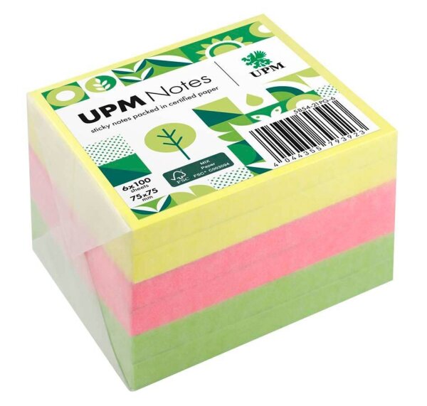 UPM Notes Brilliantmix Haftnotizen doppelte Haftung farbsortiert, 6 Blöcke