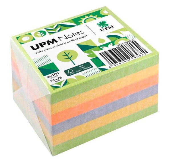 UPM Notes Springmix Haftnotizen doppelte Haftung farbsortiert, 6 Blöcke