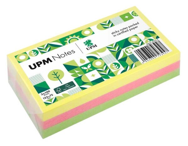 UPM Notes Brilliantmix Haftnotizen doppelte Haftung farbsortiert, 3 Blöcke
